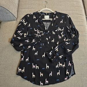 Anthro Maeve Black Llama Print Novelty Casual Relaxed Top Blouse Size 0